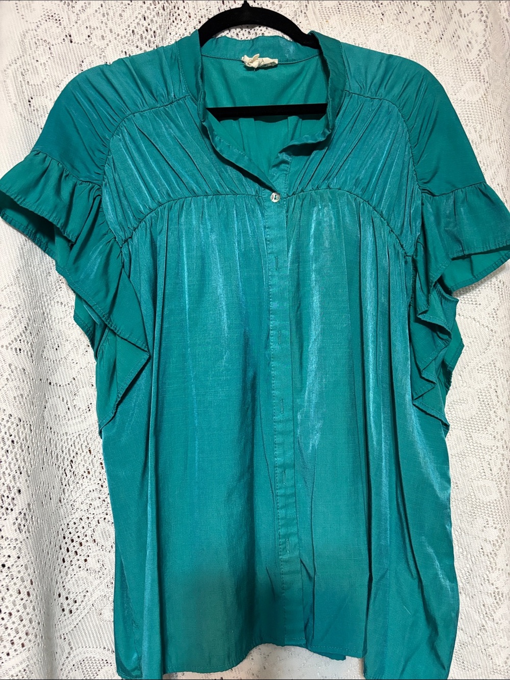 BiBi Teal Flutter-Sleeve Button-Front Blouse